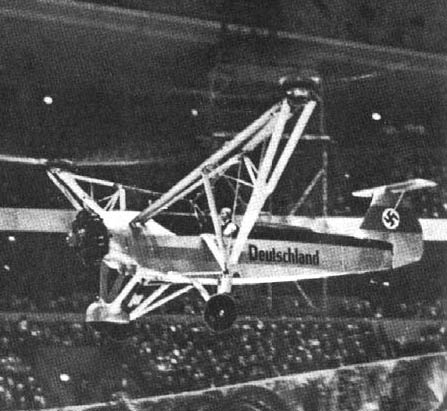Focke Wulf Fw 61 flown by Hanna Reitsch indoors at the Deutschlandhalle sports stadium in Berlin, Germany, February 1938.