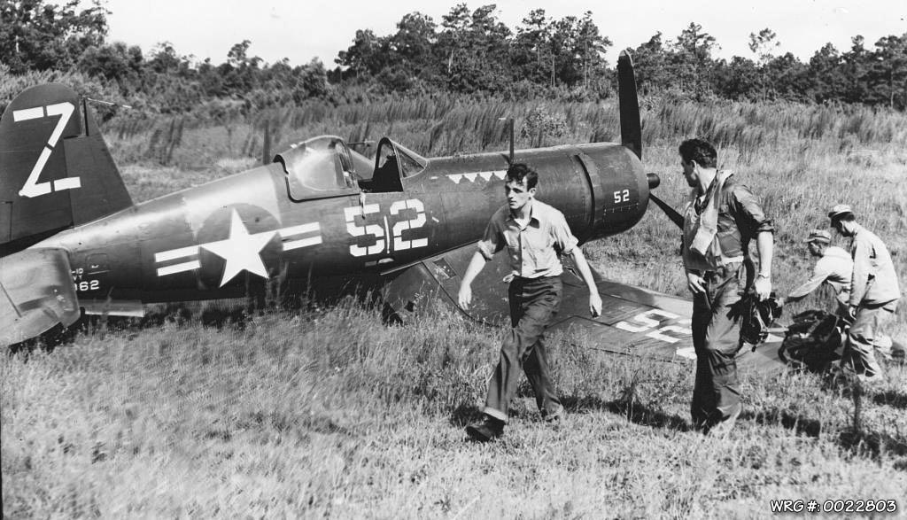 FG-1D Corsair of NARTU after a rough off field landing at NAS South Weymouth, MA 1947. WRG#: 0022803