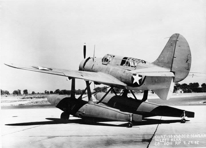 Photograph of an XSB2C-2 Helldiver configured as a seaplane taken on September 29, 1942..