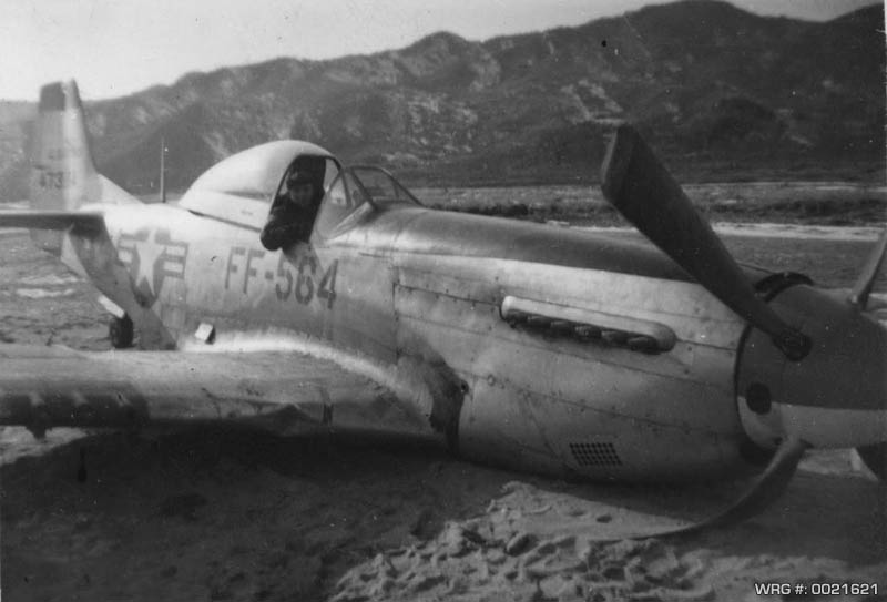 F-51D Mustang/44-73564 of the 39th FIS/35th FIW, crash landed in Korea. WRG# 0021621