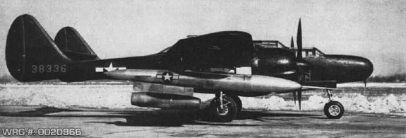 A Northrop P-61C-1-NO Black Widow (s/n 43-8336) used for tests of the U.S. Navy Gorgon IV missile (designated KUM-1, PTV-2, and PTV-N-2). The U.S. Navy began the Gorgon IV programme in May 1945. WRG# 0020966