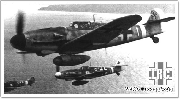 Bf 109G-5's of 7/JG 27 over the Mediterranean, 1943.