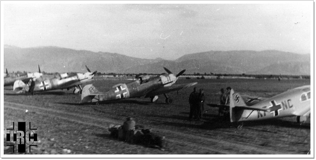Messerschmitt Bf 108B Taifun with Bf 109E7s of 10.JG27, Balkans, May 1941