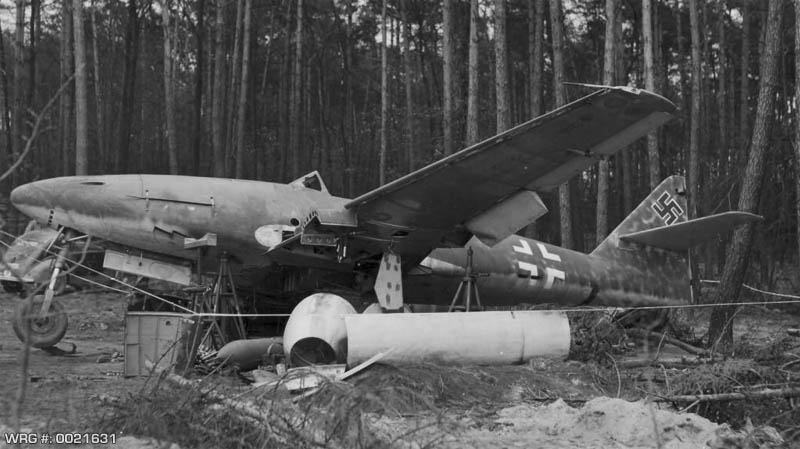 Abandoned Messerschmitt Me 262 Schwalbe jet fighter, Germany, 1945. WRG #: 0021631