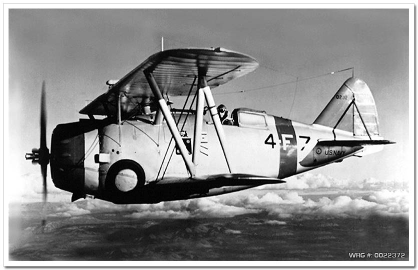 A Grumman F3F-1 fighter of U.S. Navy fighter squadron VF-4 in the 1930s. VF-4 was assigned to the aircraft carrier USS Ranger (CV-4). WRG#: 0022372
