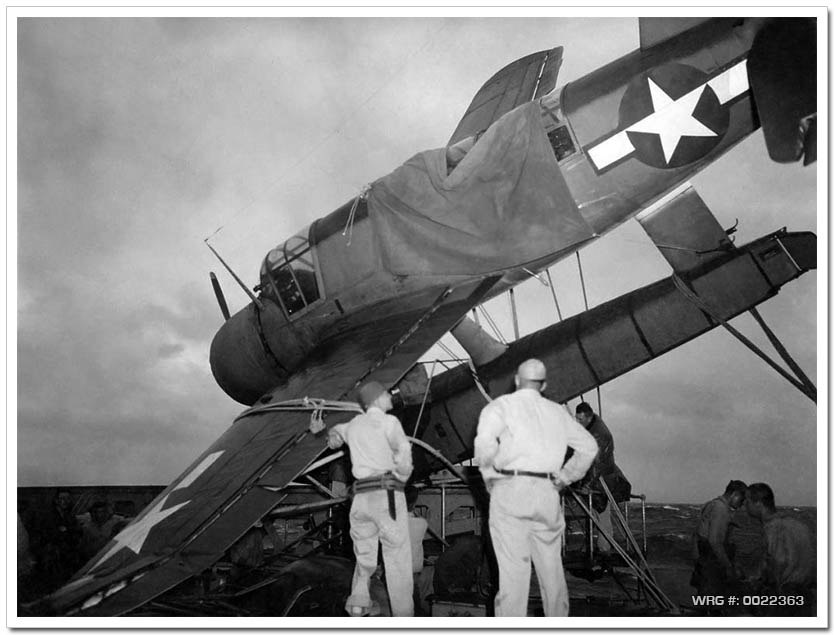 Vought OS2U Kingfisher damaged by a Typhoon while on board the USS Astoria, December 19th 1944. WRG#: 0022363