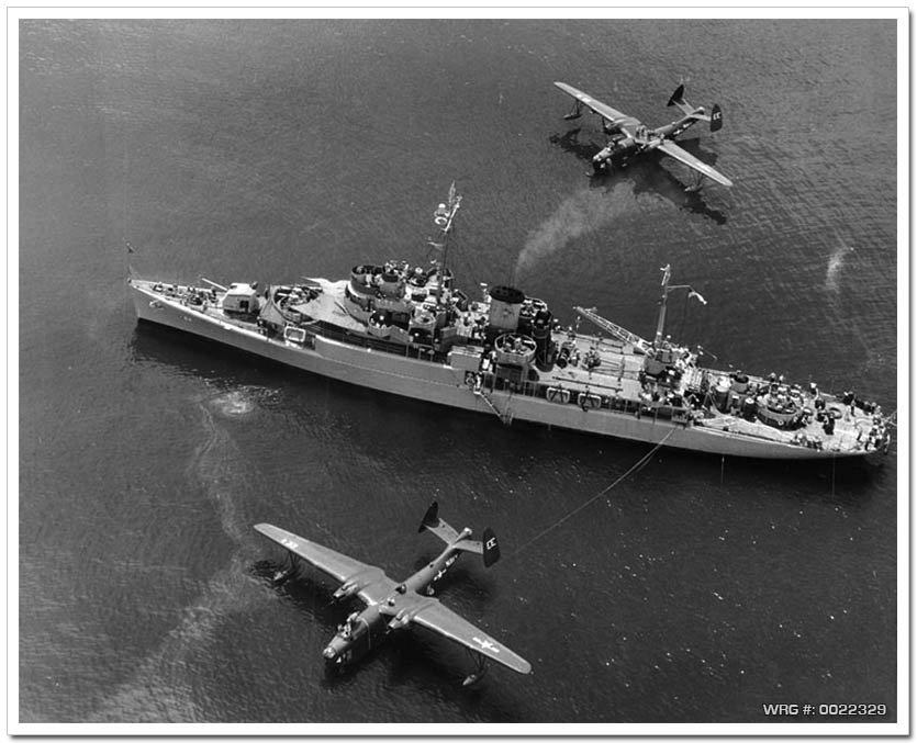 The United States Navy seaplane tender USS Timbalier (AVP-54) with two Martin PBM-3D Mariner flying boats from Patrol Squadron 45 Pelicans in the late 1948. Timbaler“s quadruple 40mm gun mount on the fantail was added in around 1948. WRG #: 0022329