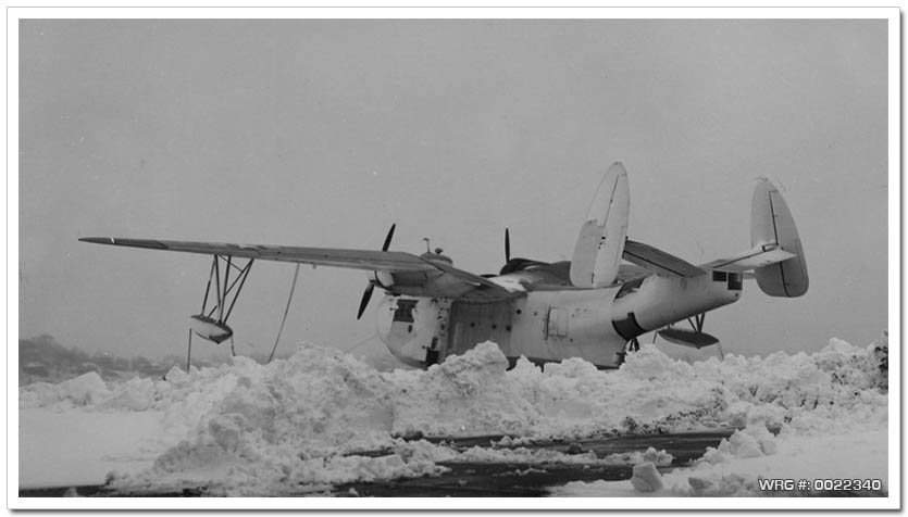 PBM Mariner amidst snow drifts at Coast Guard Air Station (CGAS) Salem, MA, 1945 WRG #: 0022340