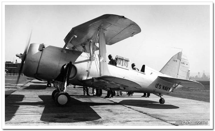 An SBC-4 Helldiver assigned to Marine Scouting Squadron (VMS) 9R, a reserve squadron, pictured on the ground at Boeing Field in Seattle, Washington, circa 1940.
