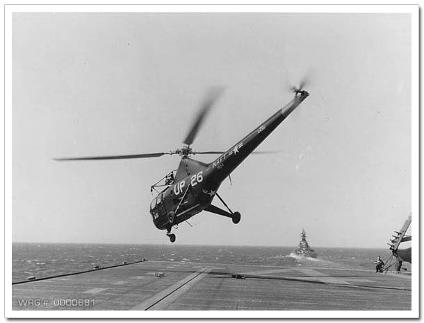 An HO3S of Helicopter Utility Squadron (HU) 1 launches from the U.S.S. Midway during early 1950. WRG #: 0000681