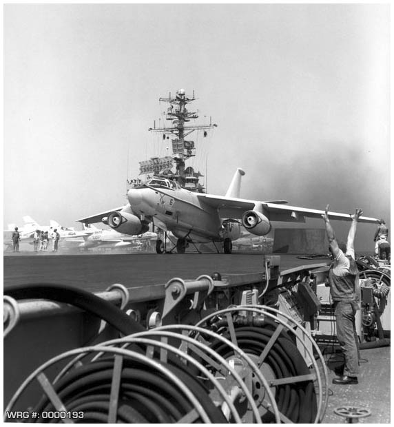 An EA-3B Skywarrior of Fleet Air Reconnaissance Squadron Two (VQ-2) pictured poised for launch from the U.S.S. America (CVA 66) steaming in the Mediterranean Sea, June 8, 1966. WRG #: 0000193