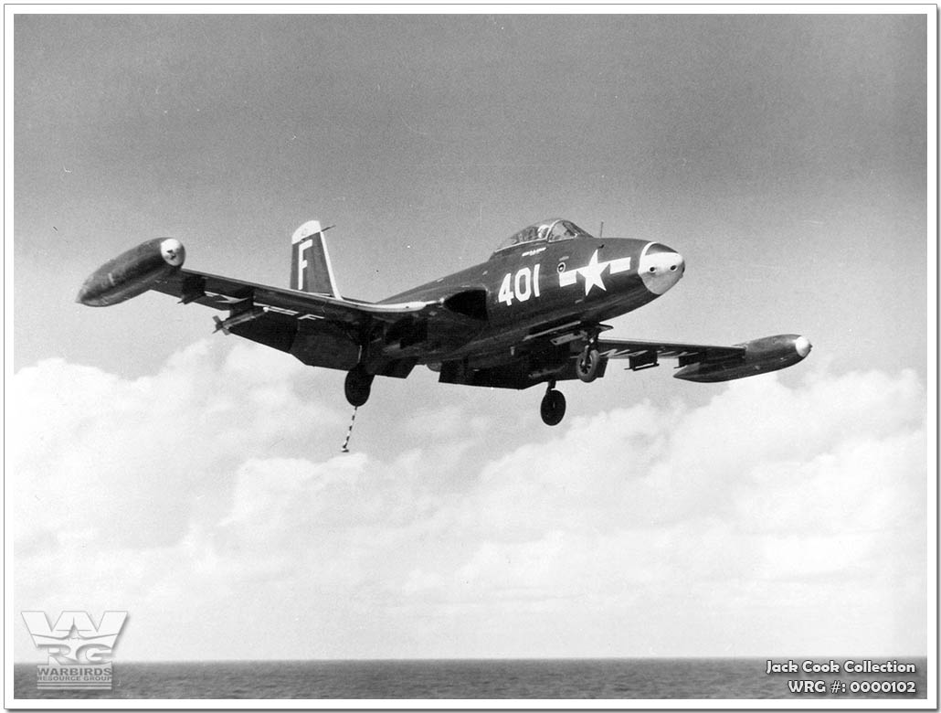 F2H-2 Banshee of Fighter Squadron (VF) 44 pictured on final approach for recovery on the flight deck of the carrier Intrepid (CVA 11) on February 7, 1955 WRG# 0000102