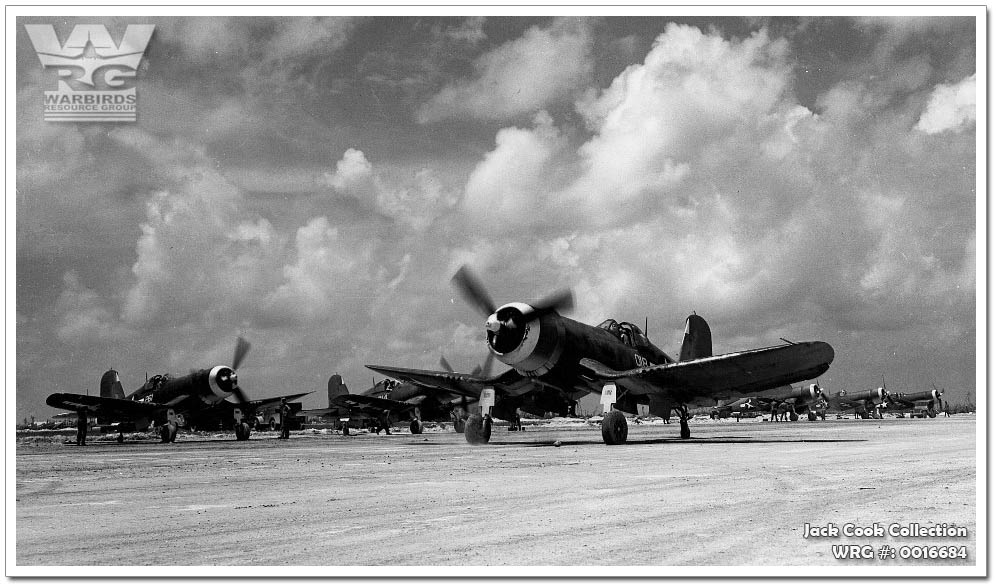 F4U Corsairs of Marine Fighting Squadron (VMF) 114 taxiing on an airstrip at Peleliu prior to launching on a close air support mission on October 17, 1944. WRG# 0016684