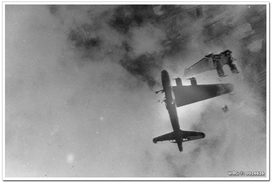 B-17G-15-BO Wee Willie, 322d BS, 91st BG, after direct flak hit on her 128th mission.