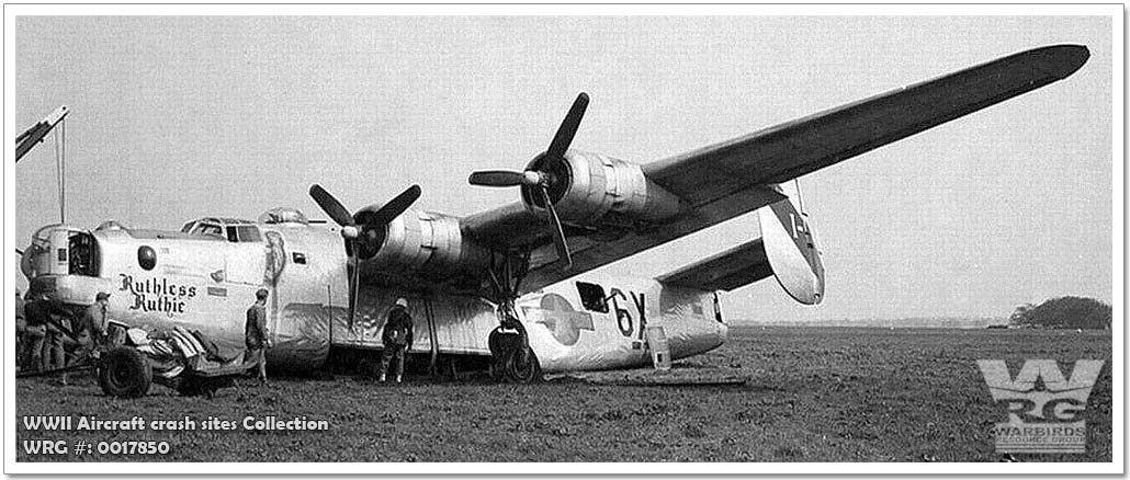 B-24 Liberator/Ruthless Ruthie cracked up after a blown tire caused a gear collapse. WRG#: 0017850