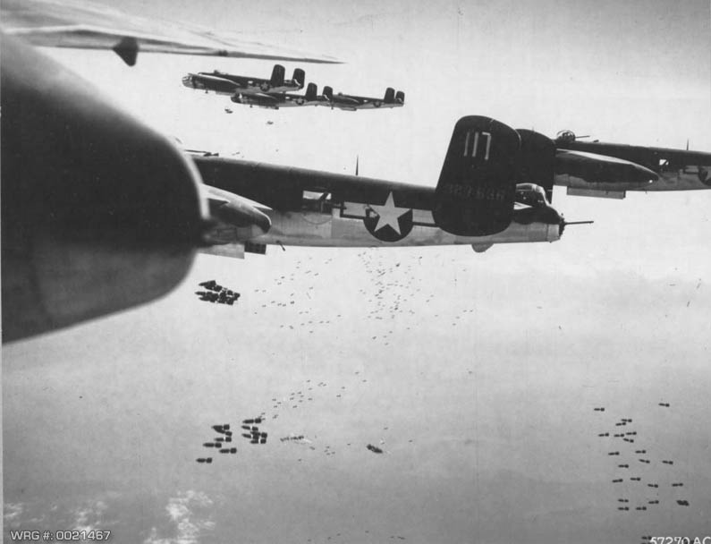North American B-25 Mitchell's of the 12th AF drop bombs on the Gothis Line in Italy, 1945. WRG-0021467