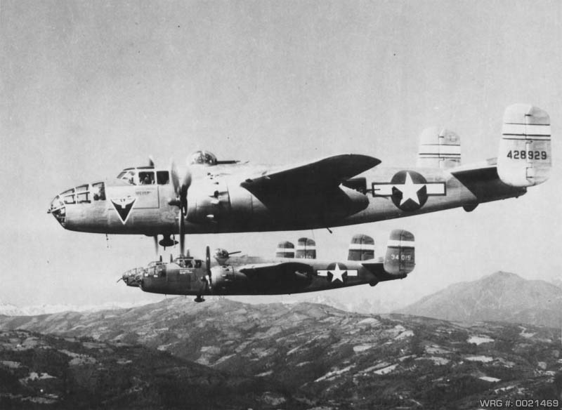 North American B-25 Mitchell's of the 12th AF, 428BS, 410th BG after bombing a rail bridge at Ala, Italy on the Brenner Pass Line 1945 WRG-0021469