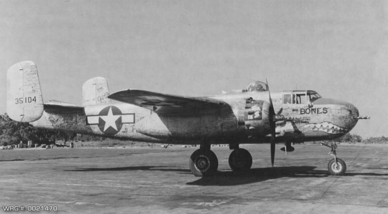 North American B-25H-10 Mitchell/43-5104/Bones, the Last B-25 off North American's Inglewood, CA plant, signed by the plant workers. 12th BG 1945, Burma. WRG-0021470