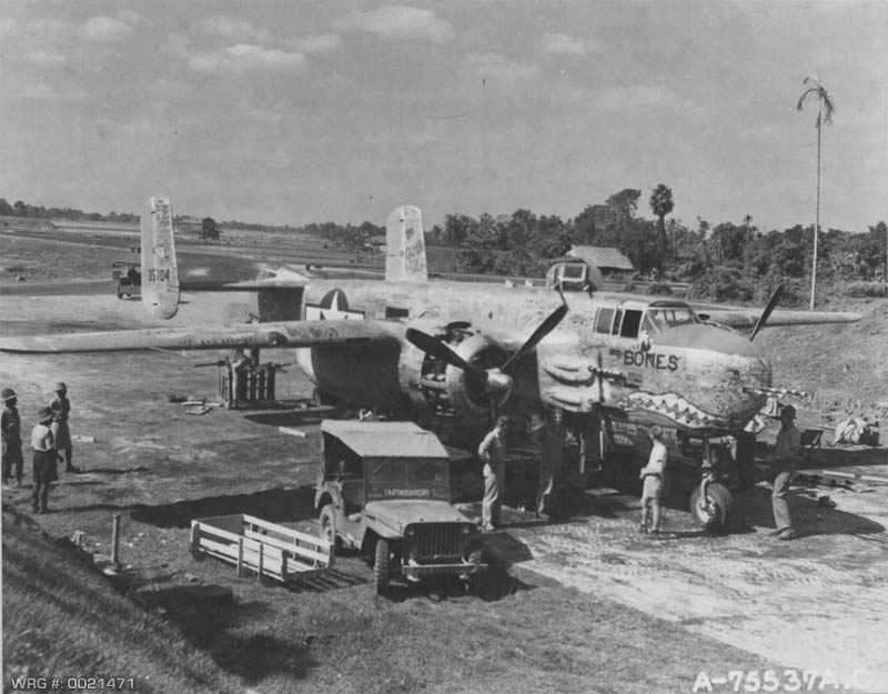 North American B-25H-10 Mitchell/43-5104/Bones, the Last B-25 off North American's Inglewood, CA plant, signed by the plant workers. 12th BG 1945, Burma. WRG-0021471