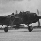 B-25 Mitchel/43-3981/Lucky Legs taking off for mission to Saseba Harbor, Kyusuhu. First mission to use mk 13 torpedoes. 47th BS/41st BG, Okinawa, Ryukyu Retto. July 28, 1945. WRG-0021473