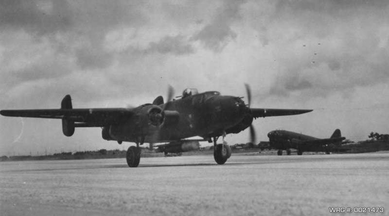 B-25 Mitchel/43-3981/Lucky Legs taking off for mission to Saseba Harbor, Kyusuhu. First mission to use mk 13 torpedoes. 47th BS/41st BG, Okinawa, Ryukyu Retto. July 28, 1945. WRG-0021473
