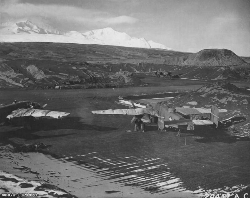 North American B-25 Mitchells shown in revetments Adak, Alaska, 1943. WRG #: 0021494