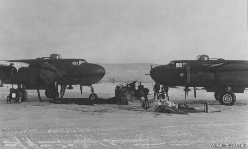 B-25 Mitchells with heating equipment Ladd Field, Alaska, February 9, 1944. WRG-0021495