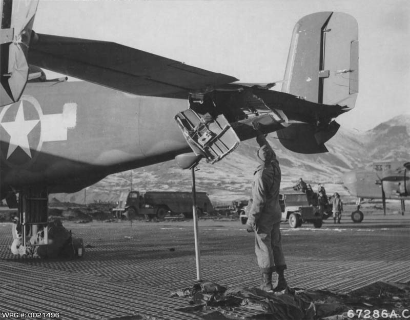 A B-25 skidded while landing at Alexai Point, Attu, Aleutian Islands and cut into another this B-25 Mitchell, November 13, 1943. WRG #: 0021496