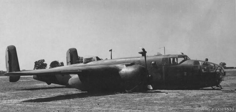 B-25 Mitchell after belly landing at Chakulia Airfield, India 1943. WRG #: 0021533