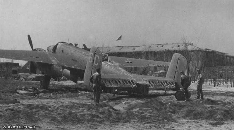 B-25 Mitchell of the 340th BG damaged during eruption of Mt. Vesuvius, Italy, March 23, 1944. WRG #: 0021549