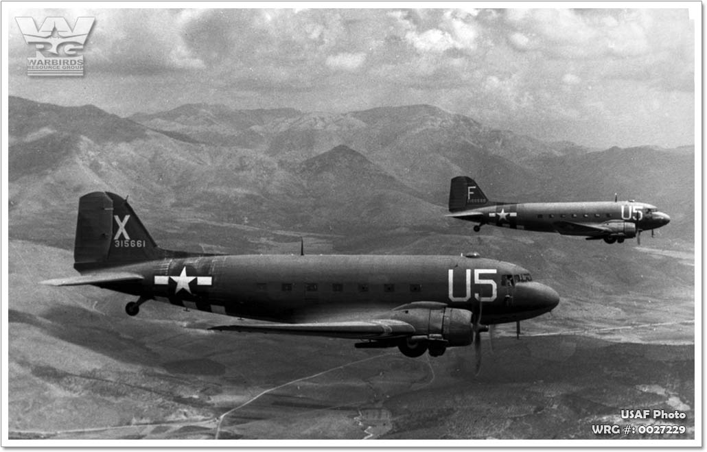 Two C-47A Skytrains from the 81st Troop Carrier Squadron, on their way for the invasion of southern France . The far aircraft is C-47A-65-DL Skytrain/42-100550, the near one is C-47A-90-DL Skytrain/43-15661, August 15, 1944. WRG#: 0027229