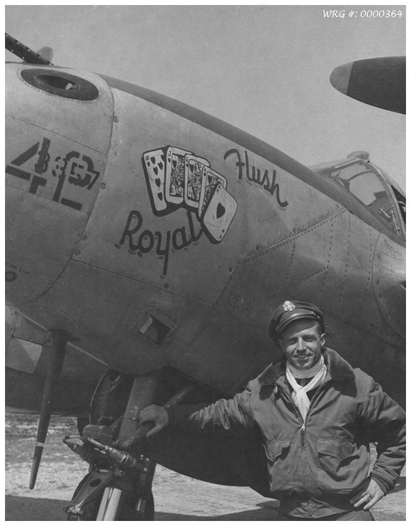 Captain Gillespie of the 367th FG and his P-38 Lightning Royal Flush. WRG# 0000364
