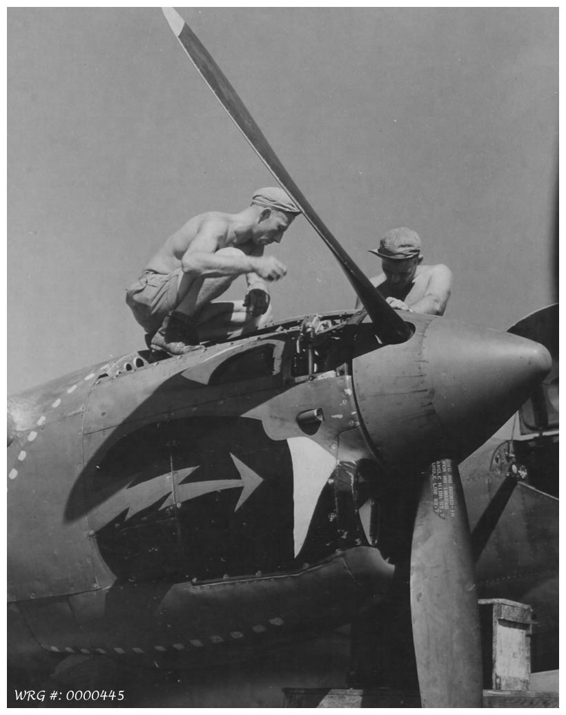 P-38J Lightning of the 459th FS getting serviced, somewhere in the CBI theater. WRG# 0000445