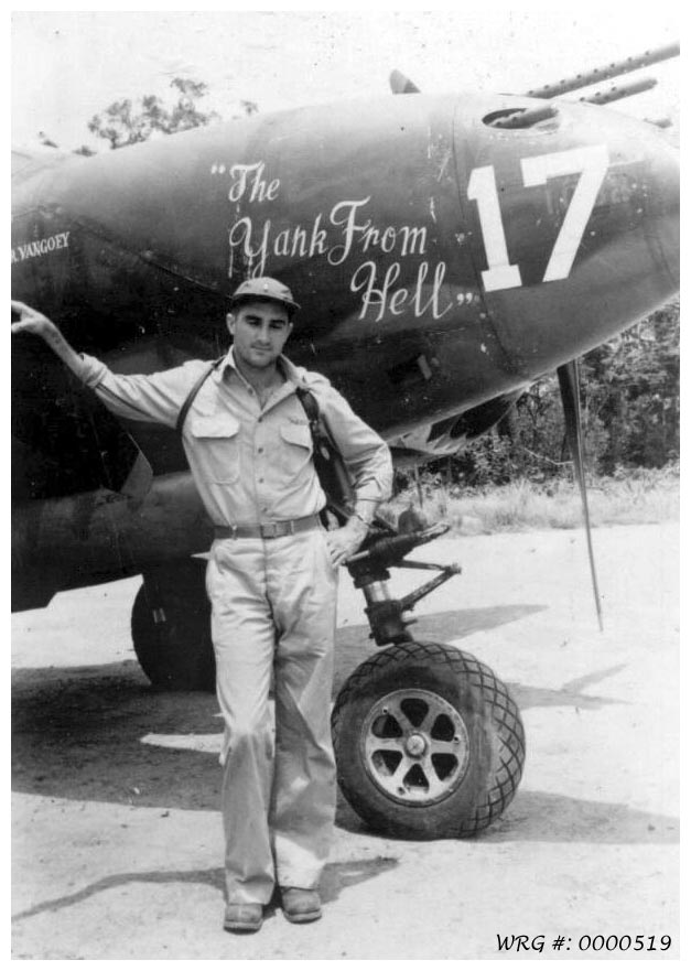 Lt. Ed Flood of the 39th FS with his P-38 Lightning The Yank From Hell. WRG# 0000519