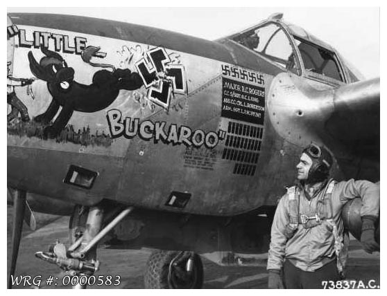 Major Buck Rogers of the 367th FG with his P-38 Lightning Little Buckaroo. WRG# 0000583