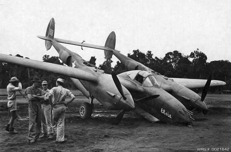 A P-38 Lightning with a collapsed nose wheel. WRG# 0021642