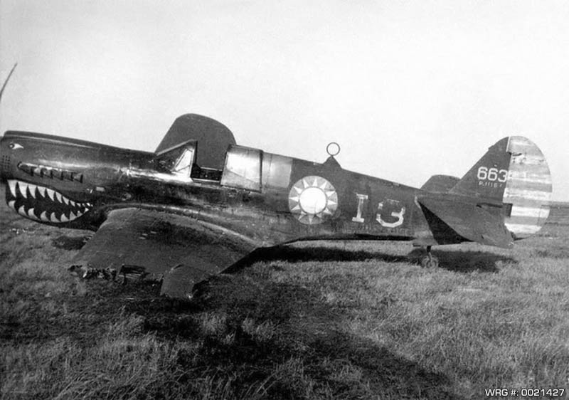 An American Volunteer Group P-40 Warhawk after crash landing. WRG# 0021427