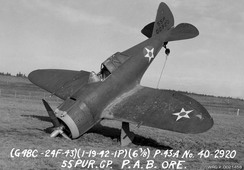 Republic P-43A Lancer/40-2920 of the 55th Pursuit Group on it's nose, Portland Air Base, OR, January 19, 1942. WRG # 0021458