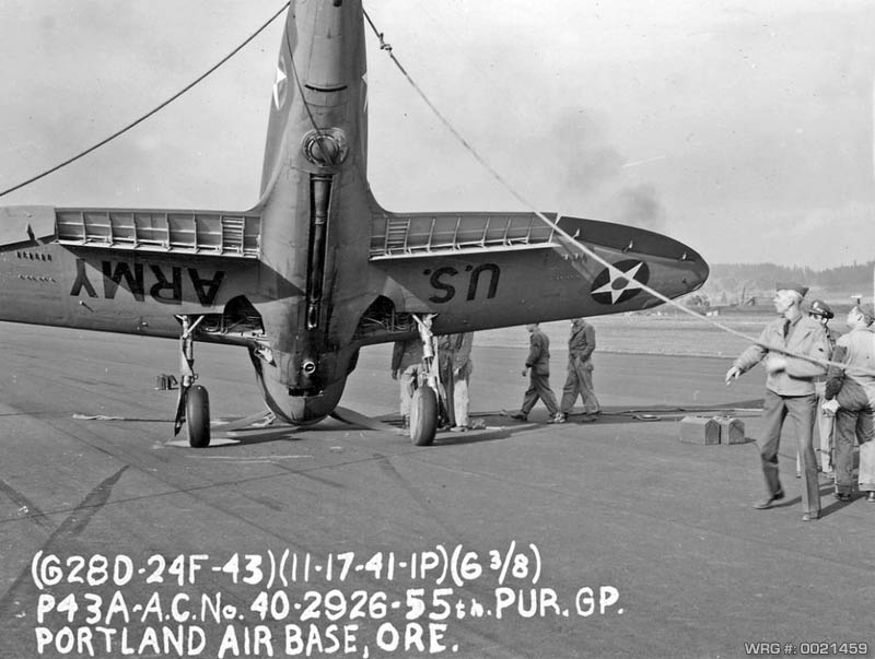 Republic P-43A Lancer/40-2926 of the 55th Pursuit Group on it's nose, Portland Air Base, OR, November 17, 1941. WRG # 0021459