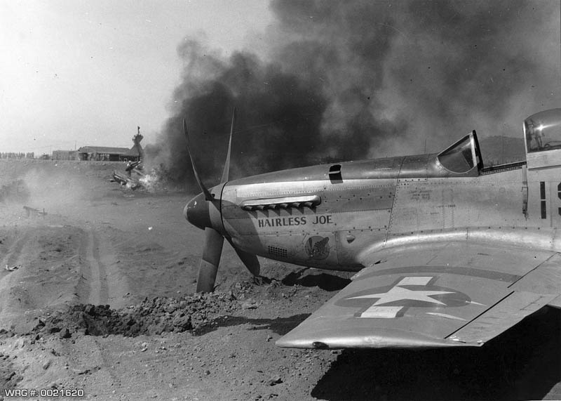 P-51D Mustang/Hairless Joe of the 47th Fighter Squadron on Iwo Jima Bonin Islands, lost control in high cross winds. WRG# 0021620