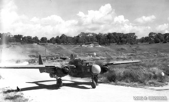 P-61A-1-NO Black Widow (s/n 42-5506) of the 419th Night Fighter Squadron taxiing at Carney Airfield, Guadalcanal, Solomon Islands, shortly after the P-61's arrival in early 1944. WRG# 0020968